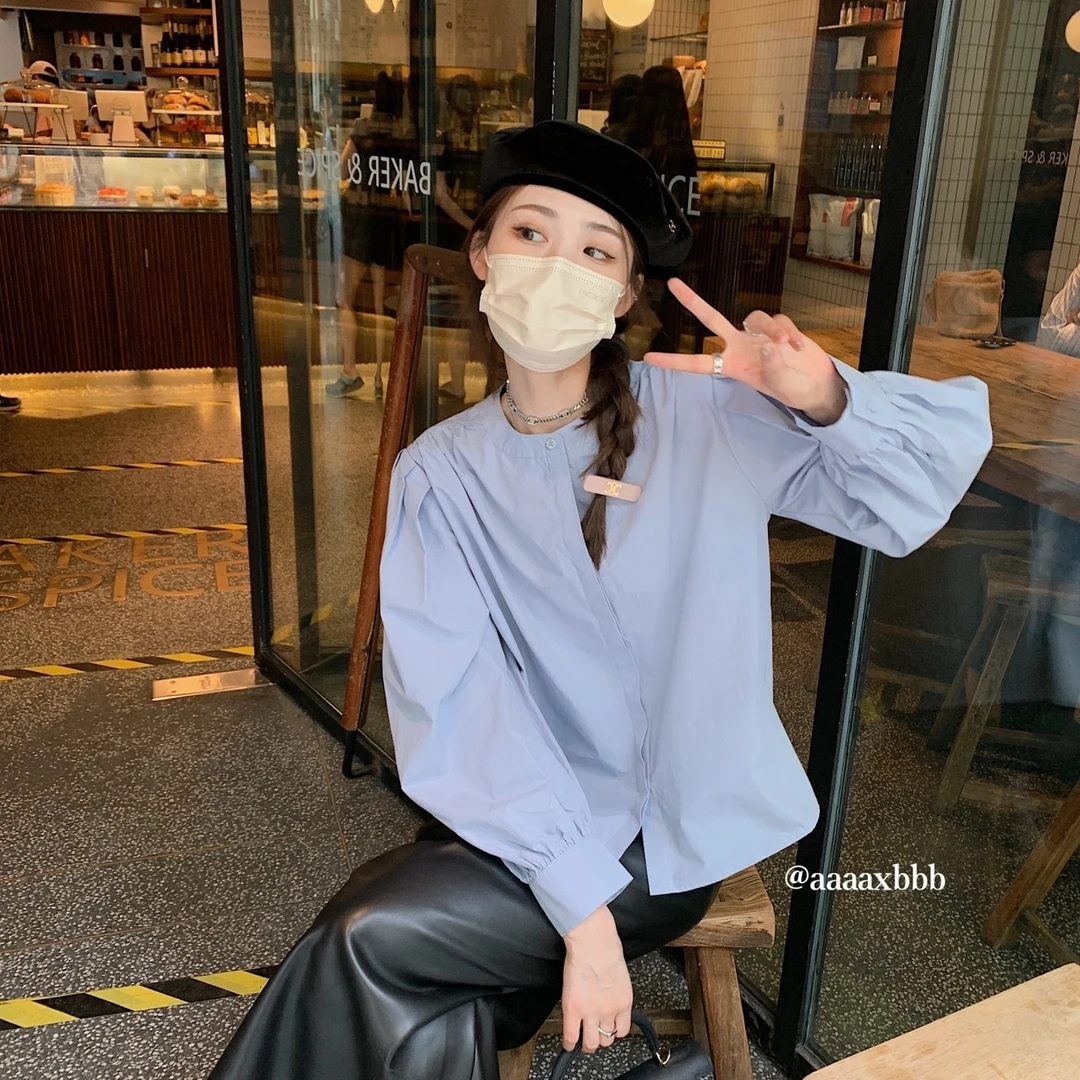 aaaaxbbb 海岸来信 捏褶设计风纯色质感衬衫女通勤新款上衣可内搭