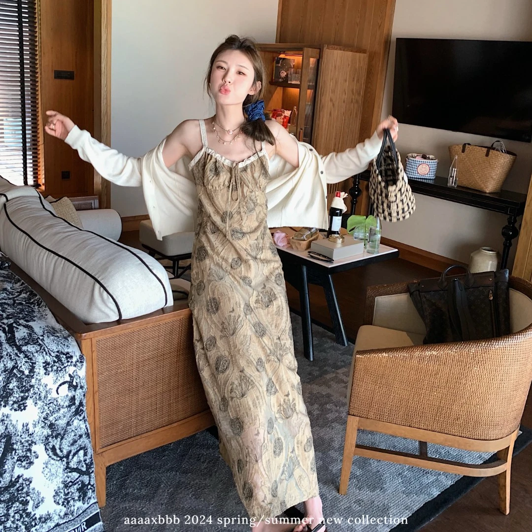 aaaaxbbb 旧桔梗系列~ du家提花面料吊带连衣裙修身气质长裙折扣