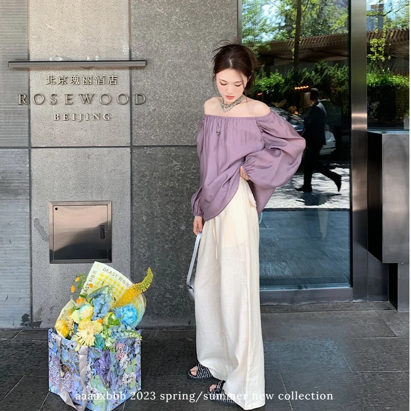 aaaaxbbb 纽卡斯尔 苎麻长裤三色随性感宽松高腰拖地裤女•年终•