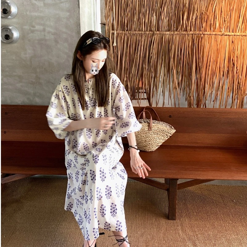 【年中钜惠】aaaaxbbb 小森村 治愈紫藤花气质连衣裙全棉印花长裙女