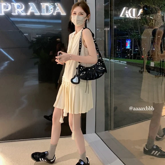 【年中钜惠】aaaaxbbb奶油夏加尔法式初恋百褶背心裙小众腰带连衣裙
