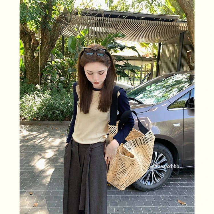 aaaaxbbb圣赛尔的礼拜 复古撞色百搭刺绣针织衫打底长袖t恤女2023