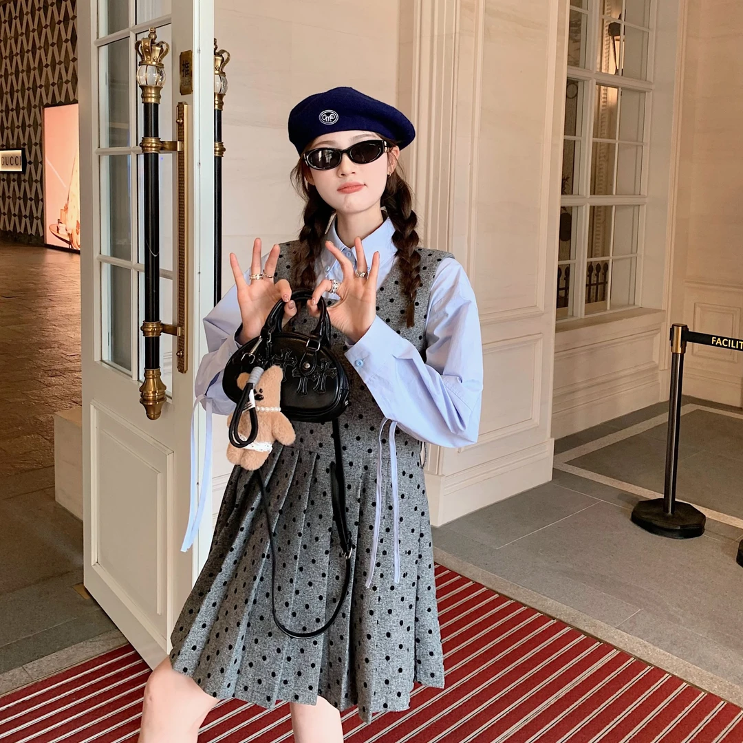 aaaaxbbb 巴黎晚香玉 特殊面料背心连衣裙短款波点百褶裙折扣