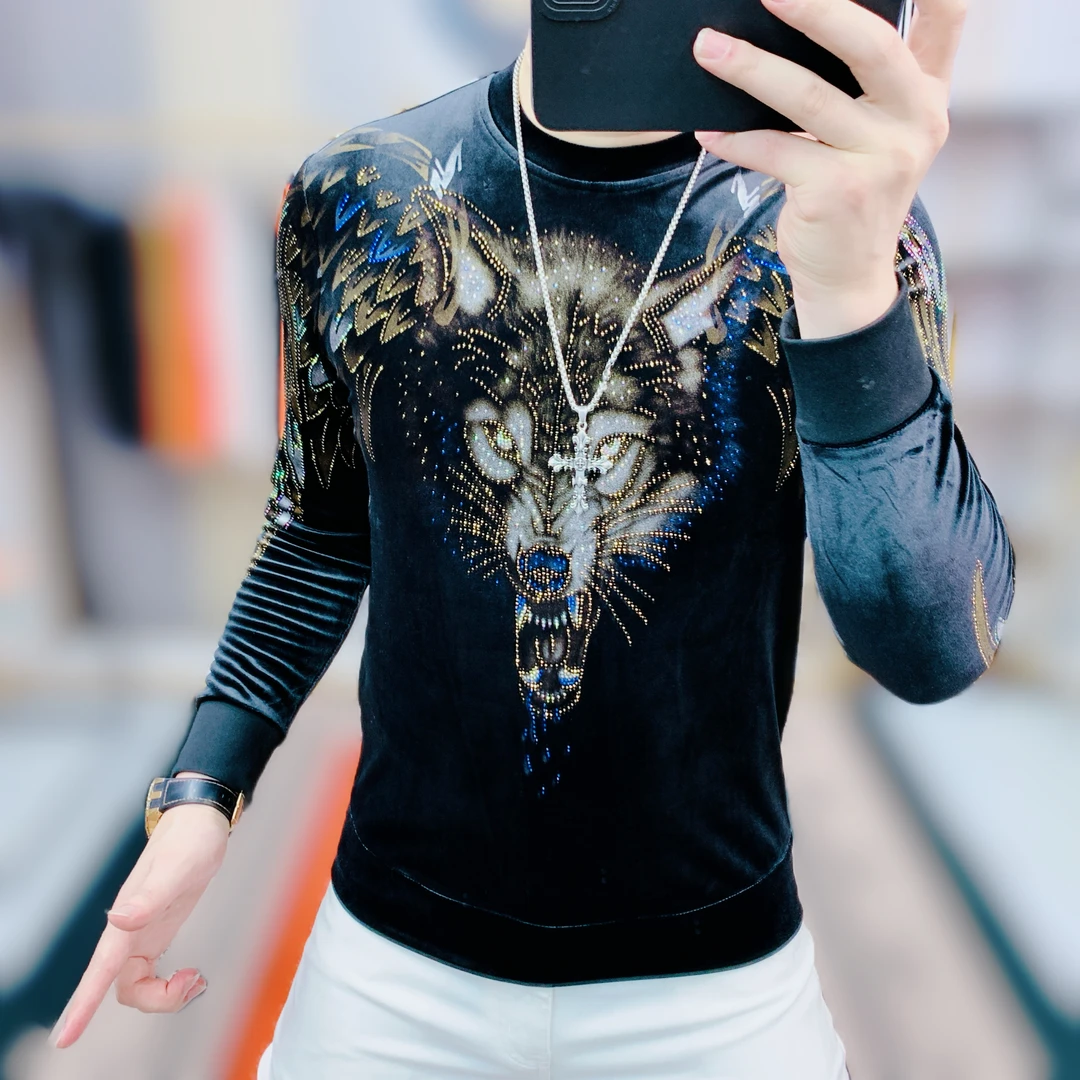 阿凯严选  高品质秋冬新款男士轻奢修身圆领潮流狼头修身百搭卫衣