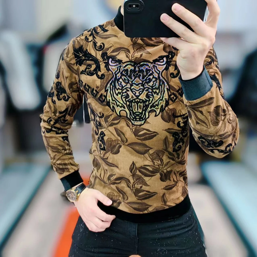 阿凯严选  高品质秋冬新款男士潮流中领加绒时尚修身丝绒长袖卫衣