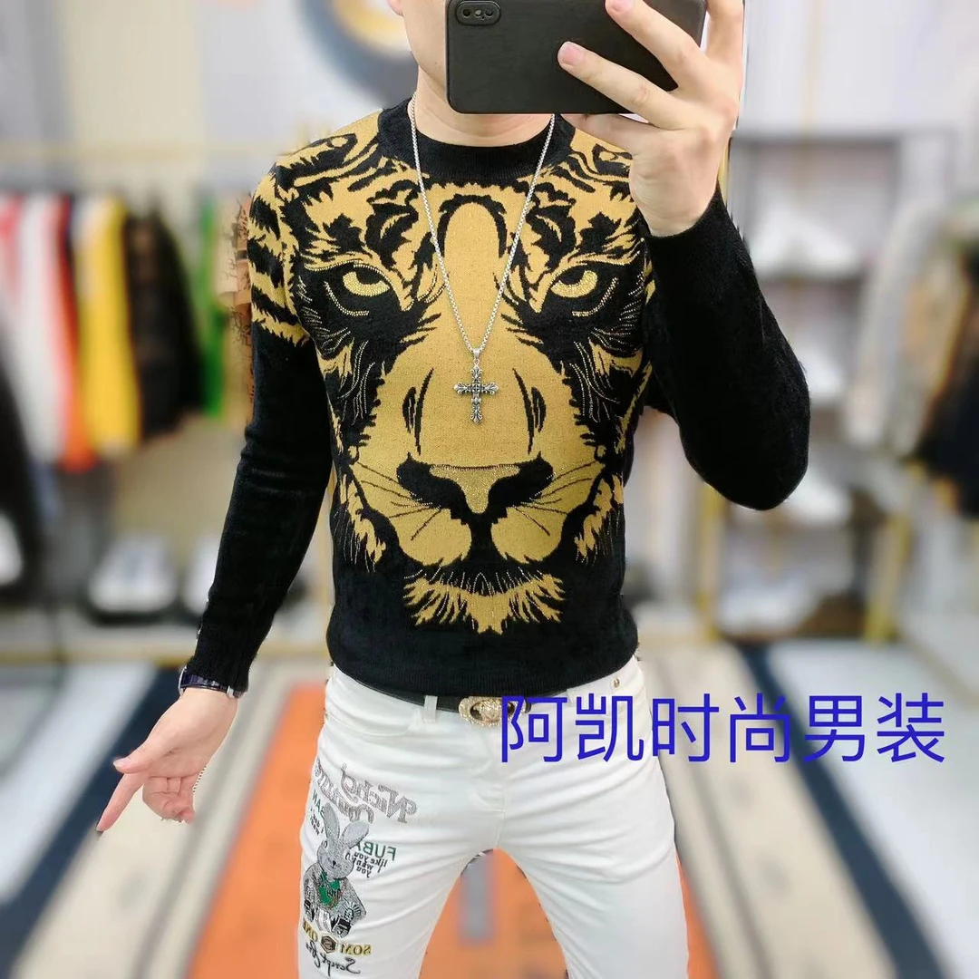 阿凯  欧洲站秋冬新款男士个性圆领休闲百搭修身长袖针织打底衫