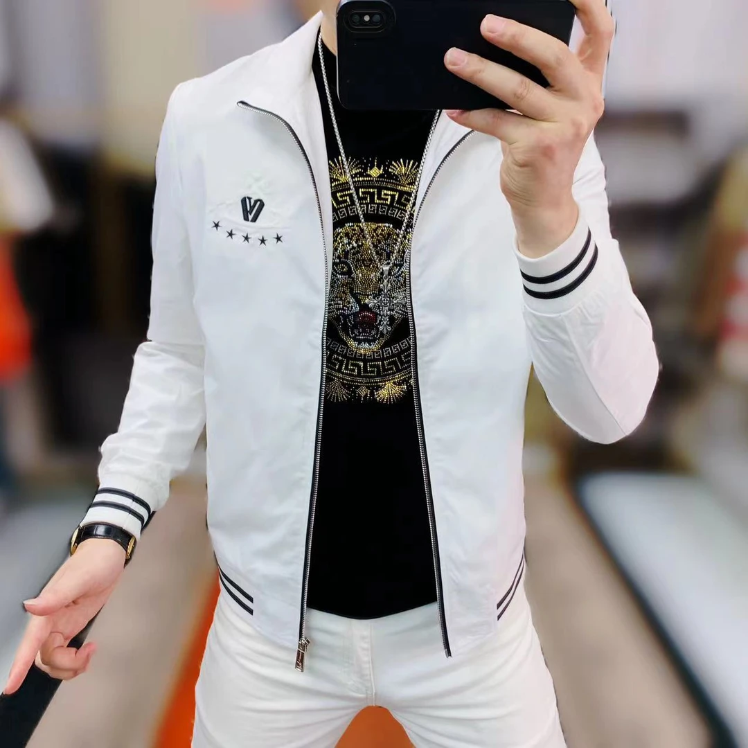 阿凯严选  高品质秋季新款男士轻奢修身翻领刺绣时尚百搭夹克外套