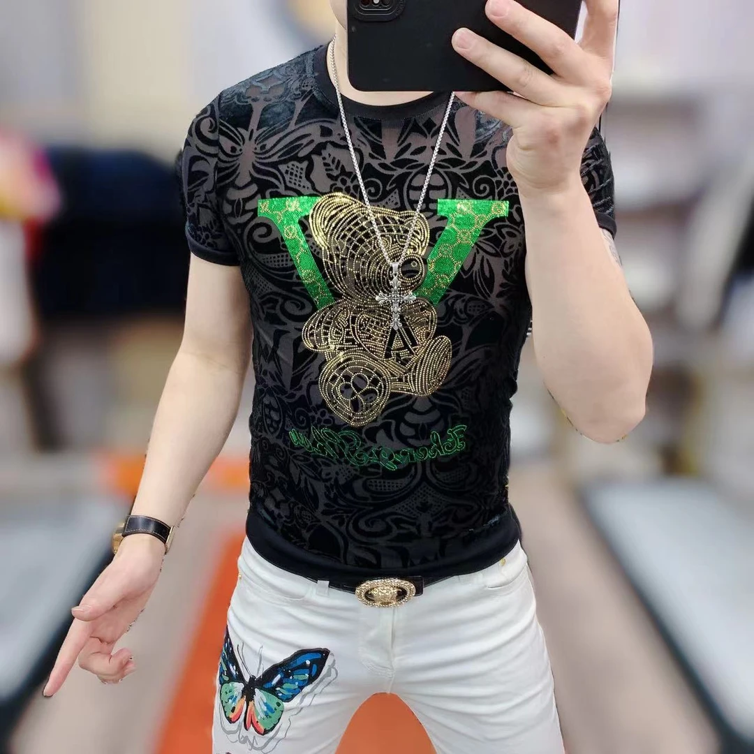 【阿凯严选】 欧洲站夏季新款男士潮流修身圆领网红6D植绒烧花短袖