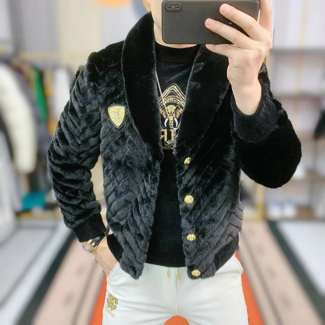 阿凯  欧洲站冬季新款男士潮流修身时尚轻奢青果领百搭大貂外套