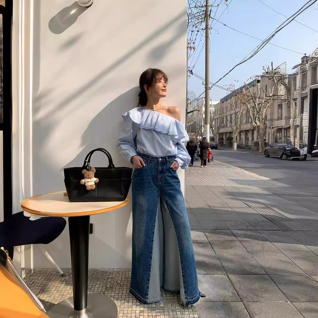 newopen新款韩版小众拼接高腰阔腿牛仔裤撞色宽松复古做旧长裤