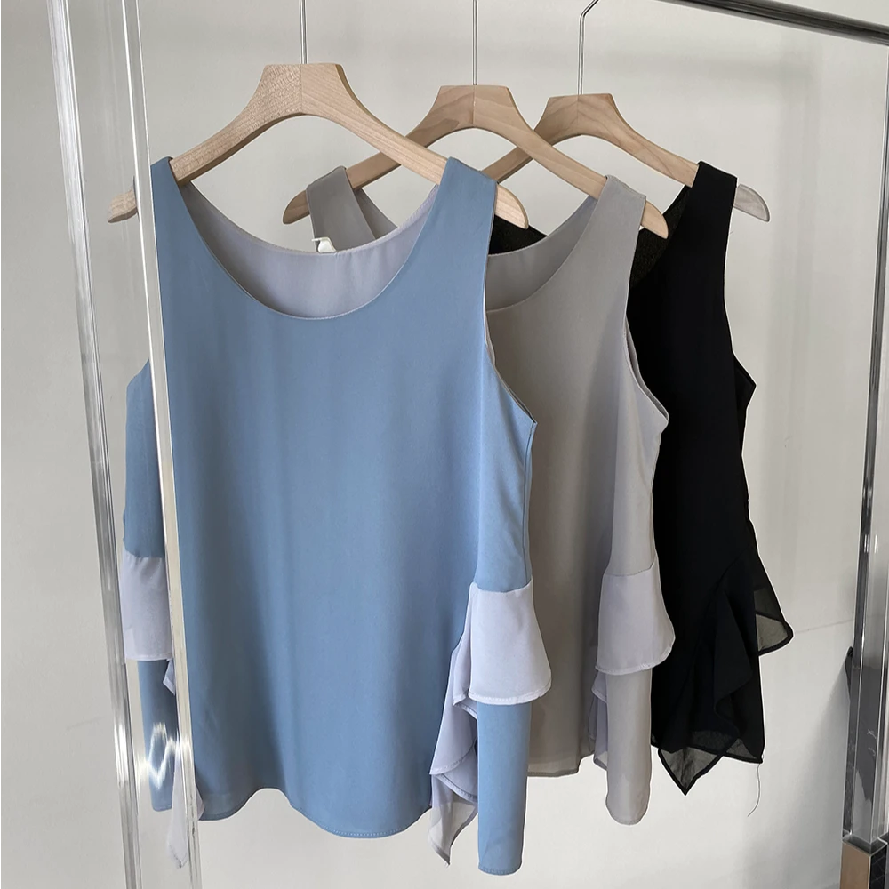 夏季简约纯色雪纺拼接无袖上衣宽松显瘦荷叶边背心薄款雪纺衫女