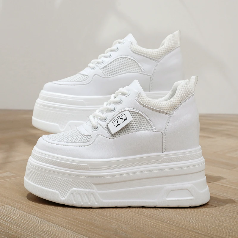 真皮内增高小白鞋女2024新款百搭厚底松糕休闲网面白色鞋子ins潮
