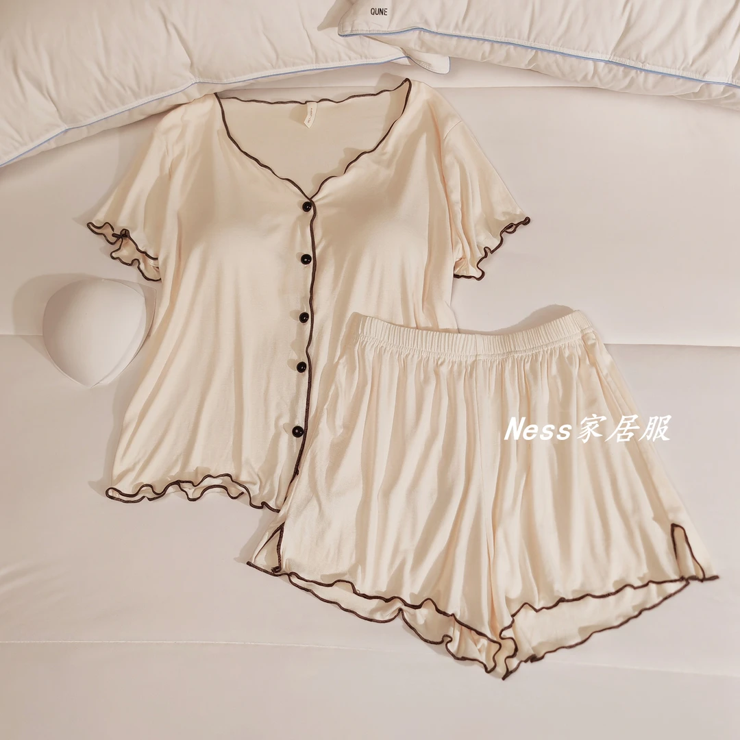 莫代尔2024年新款夏季法式睡衣女士短袖纯色宽松短裤高级感家居服