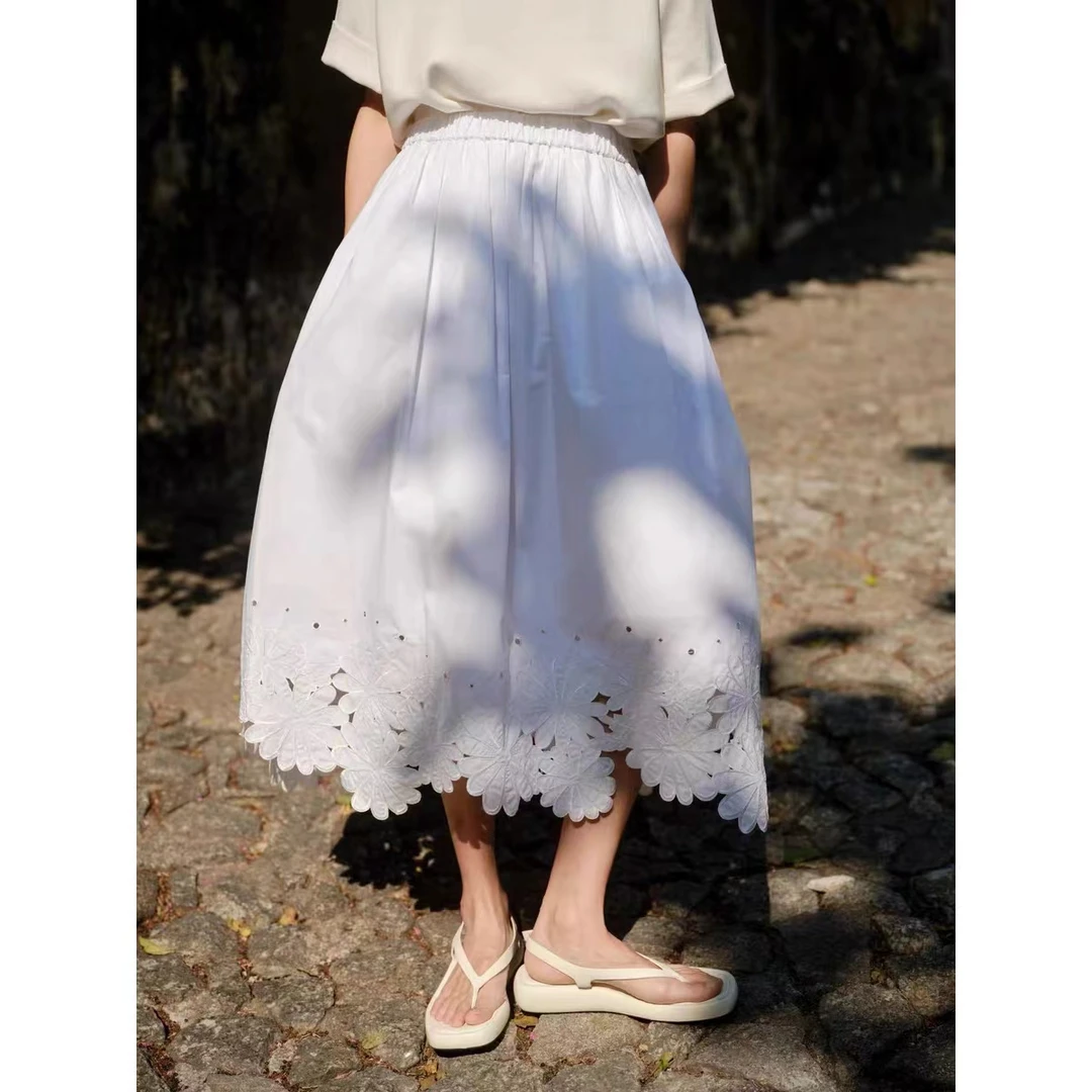 2NDSENS【花间呓语】高支密法式松紧腰镂空花边拼接松紧腰半身裙