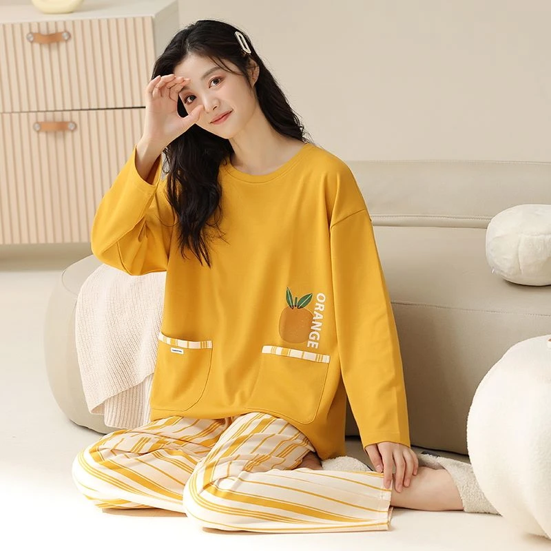带胸垫长袖长裤春秋款套头休闲宽松家居服睡衣女套装免穿女士舒适