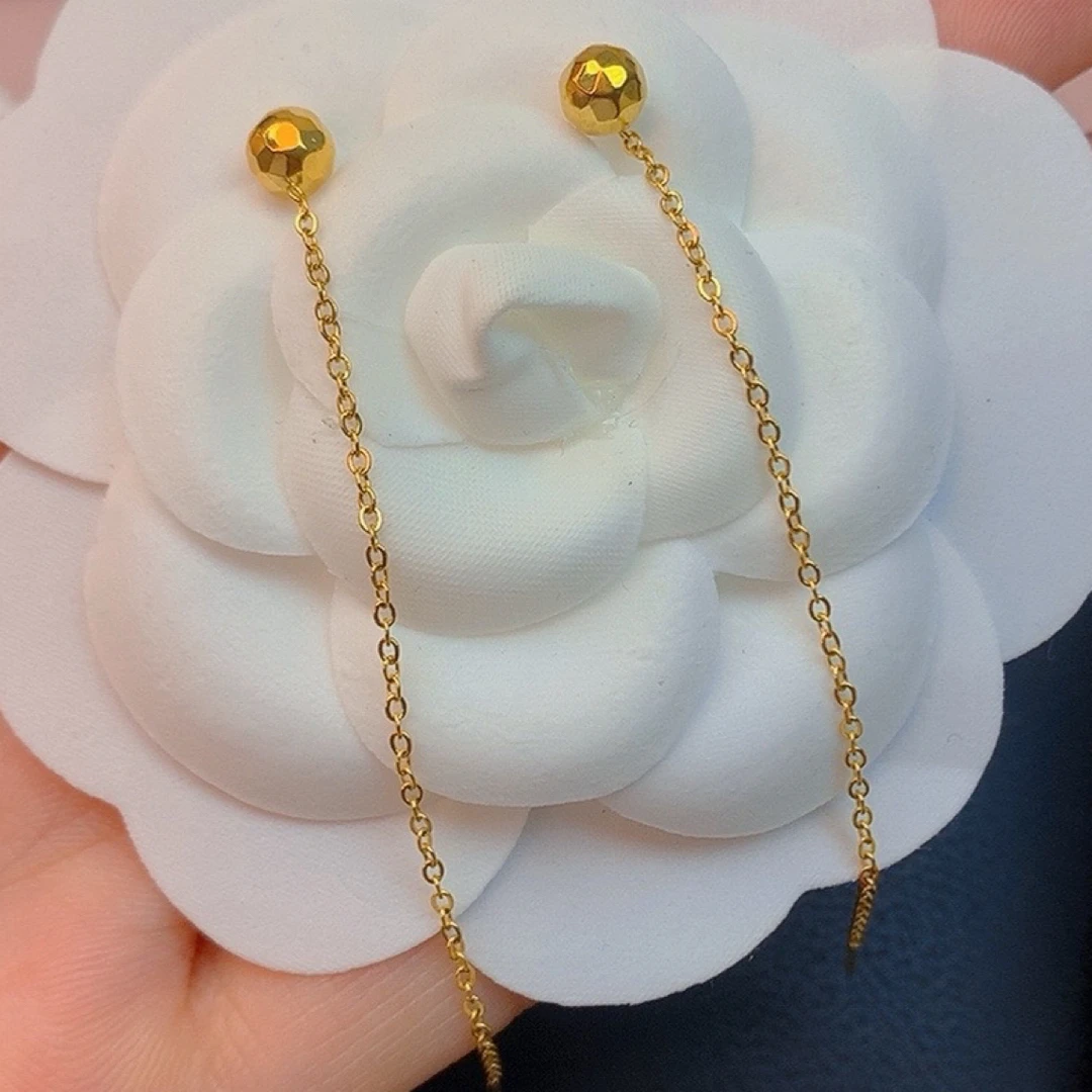 钛钢耳饰 金色镭射菱形流苏豆豆耳线时尚气质耳饰