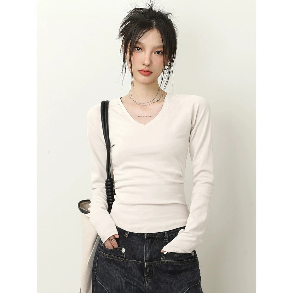 白色v领长袖t恤女2024新款春秋内搭打底衫纯色修身辣妹