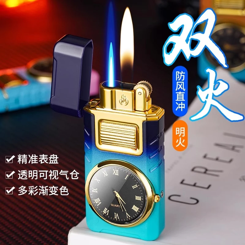 个性带石英真手表表双火气体打火机老式砂轮打火可视气仓防风