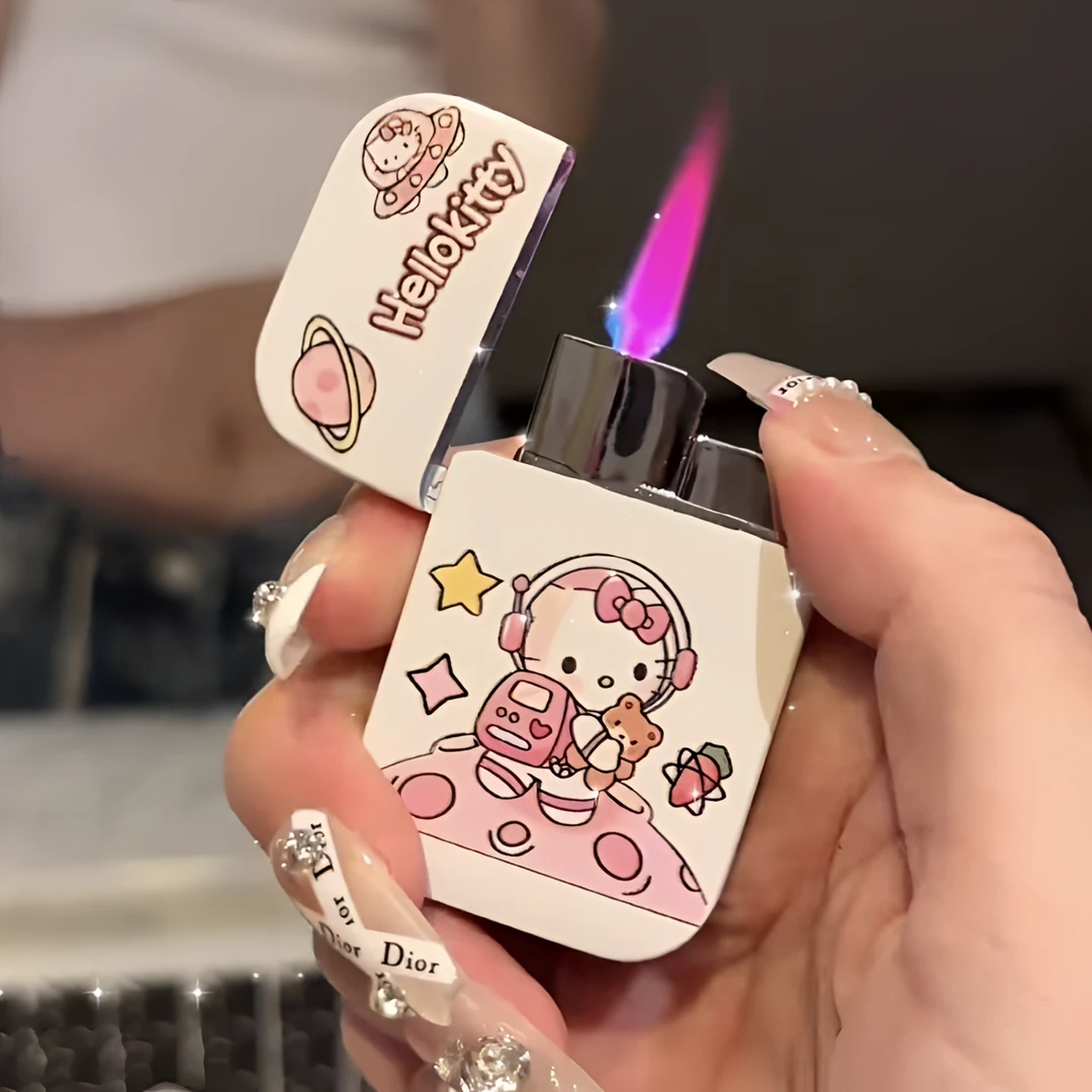 新款玉桂狗HelloKitty网红充气打火机可爱卡通粉色火焰创意防风礼