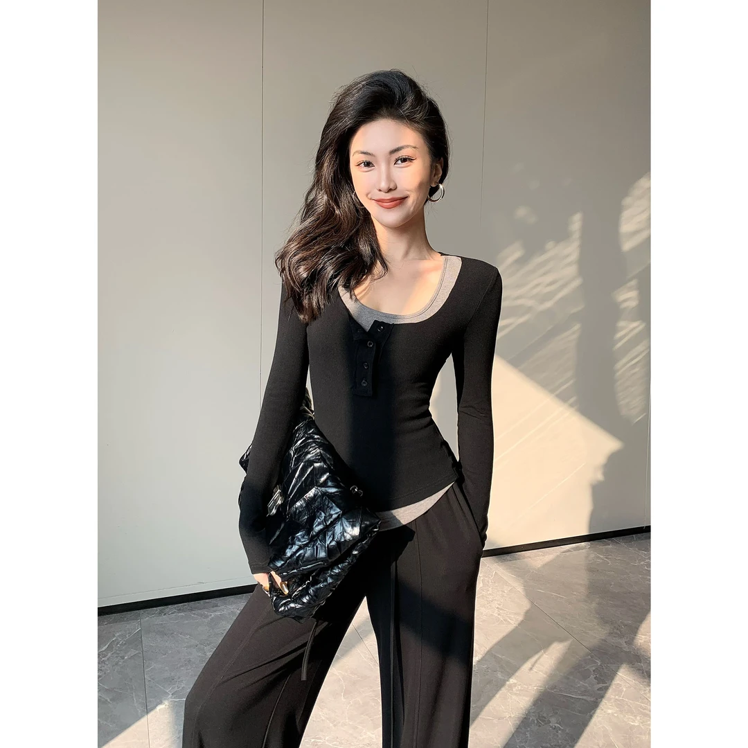 JIJINQI时尚修身显瘦拼接上衣秋季新款百搭性感针织衫JC08SZPT389