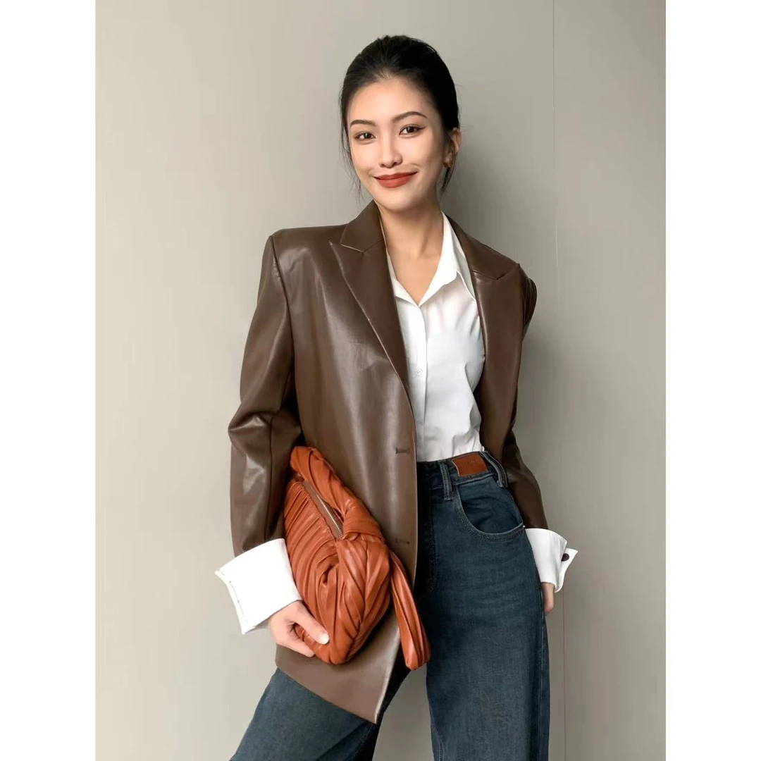 JIJINQI棕色机车皮衣外套女美拉德穿搭宽松咖啡色夹克女JINQB0933