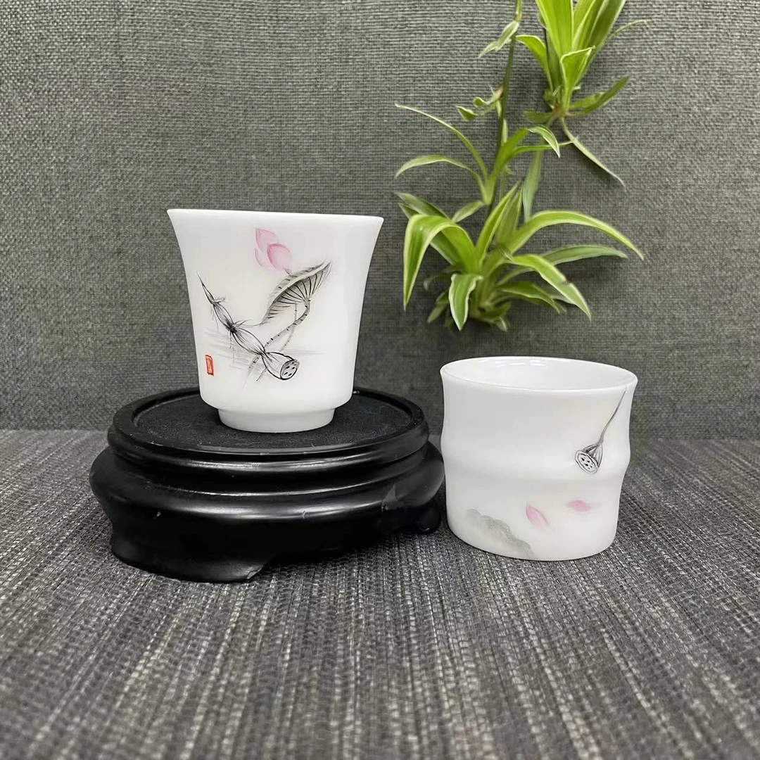 功夫画匠手绘荷花主人杯简约家用陶瓷喝茶杯单杯个人茶具品茗杯