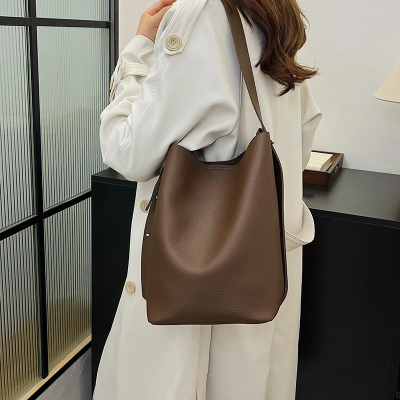 DIY复古水桶包女2024新时尚荔枝纹大容量通勤单肩包手工包材料包