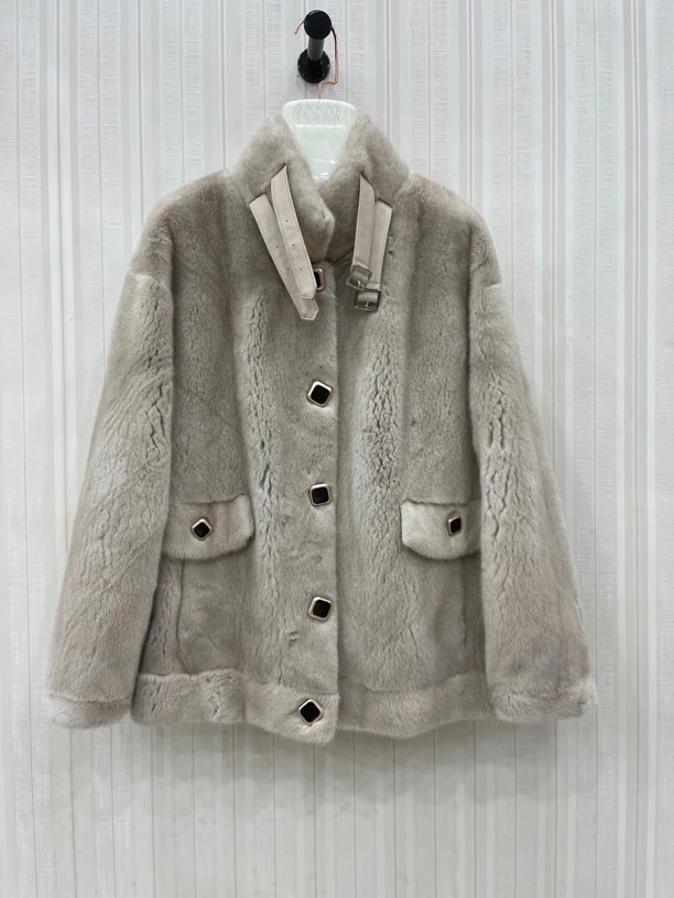 西那蒙原色小立领时装夹克设计师同款貂皮大衣