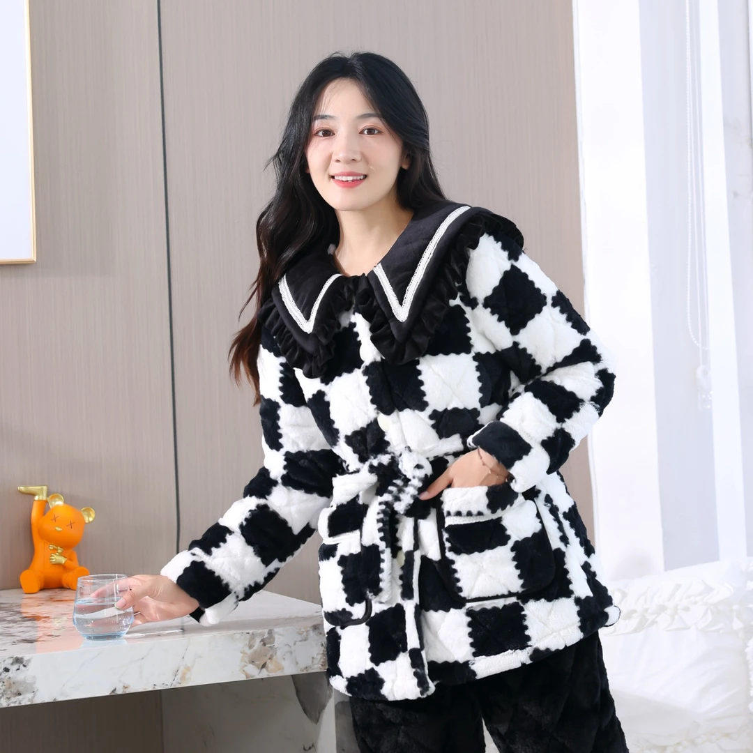 1118棋盘格时尚加厚外穿家居小香风黑白秋冬千鸟格冬季女士加绒