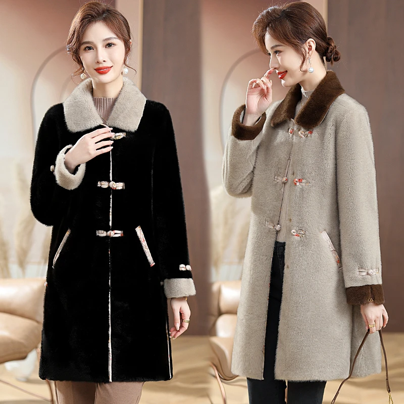 妈妈秋冬装洋气外套水欧绒50-60岁中老年女装仿皮草中长款上衣