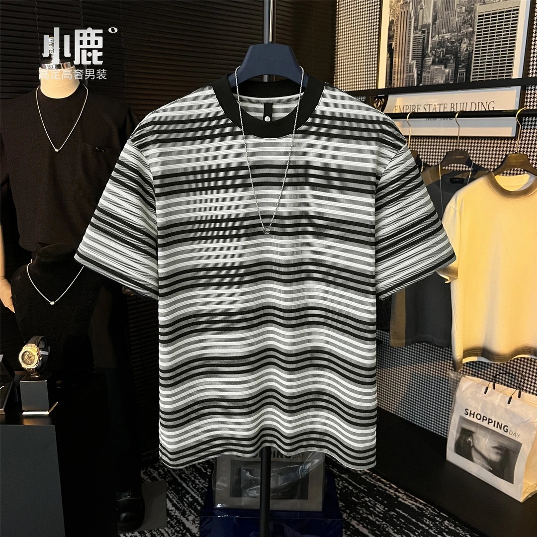 男士夏季百搭高级感条纹圆领短袖三色拼接撞色工艺休闲半袖T恤