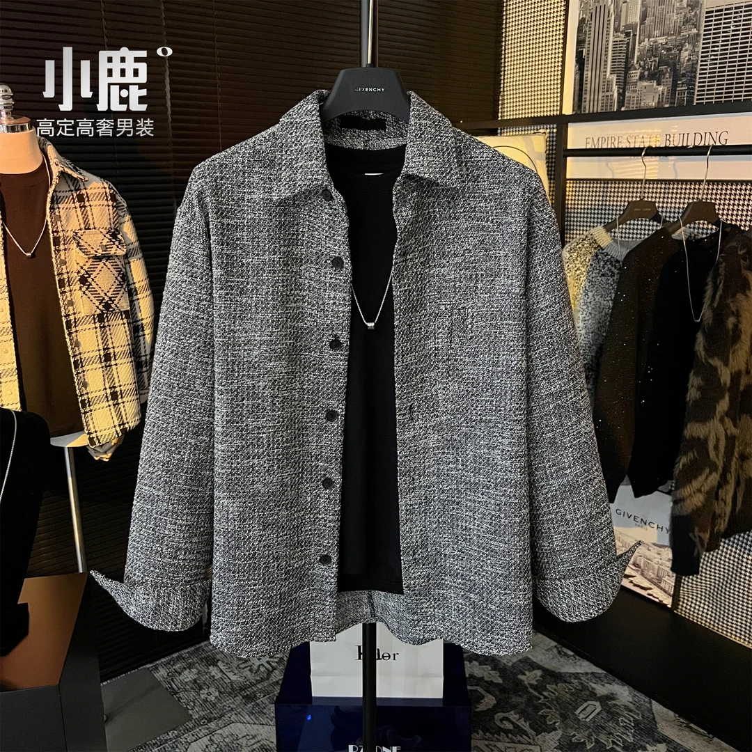 男士春季高级感小香风编制工艺衬衫灰色休闲百搭复古痞帅长袖外套