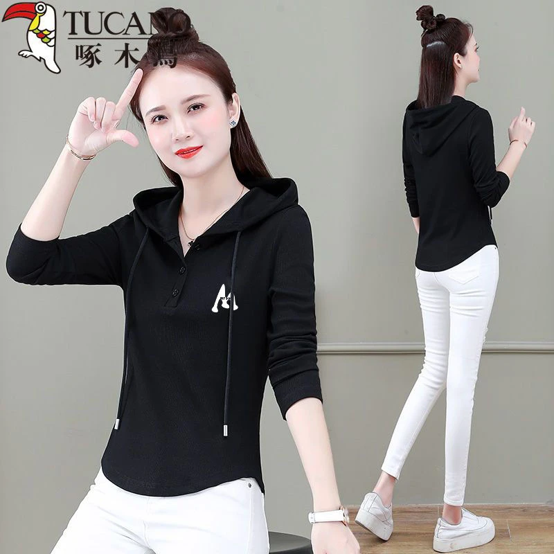 啄木鸟正品2024年春秋长袖T恤女薄款套头百搭连帽修身时尚打底衫