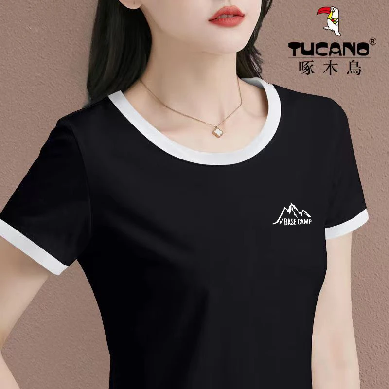 清仓捡漏一线品牌啄木鸟夏百搭拼色短袖女ins设计感修身显瘦上衣