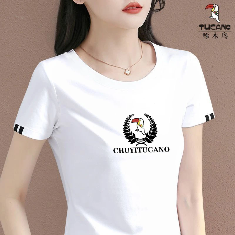 啄木鸟正品夏季新款百搭短袖潮流时尚圆领T恤小众修身薄款女上衣