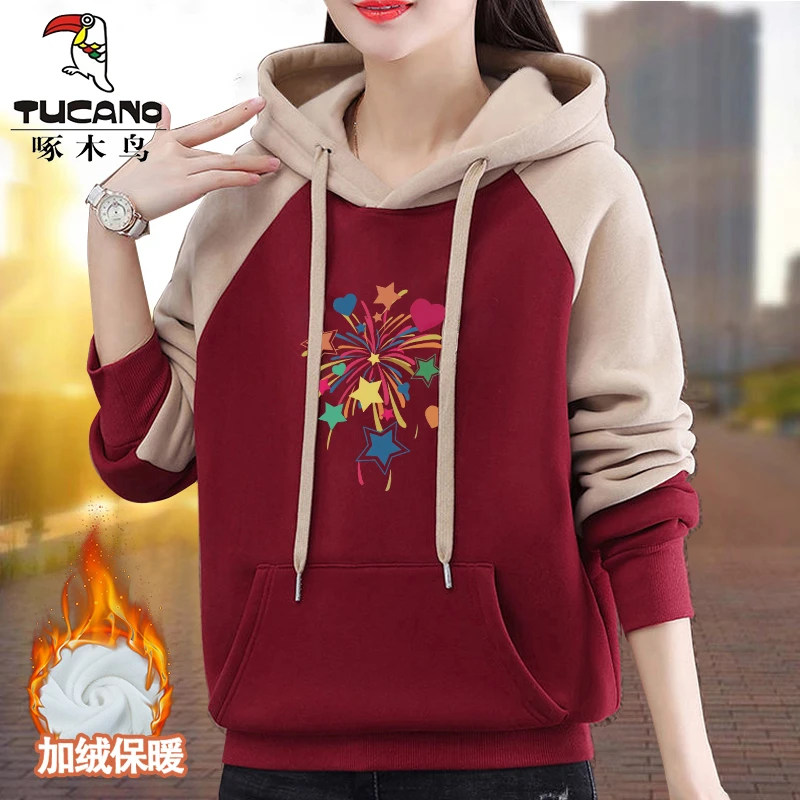啄木鸟正品新款2024年秋冬季时尚百搭加绒拼接连帽卫衣女休闲上衣