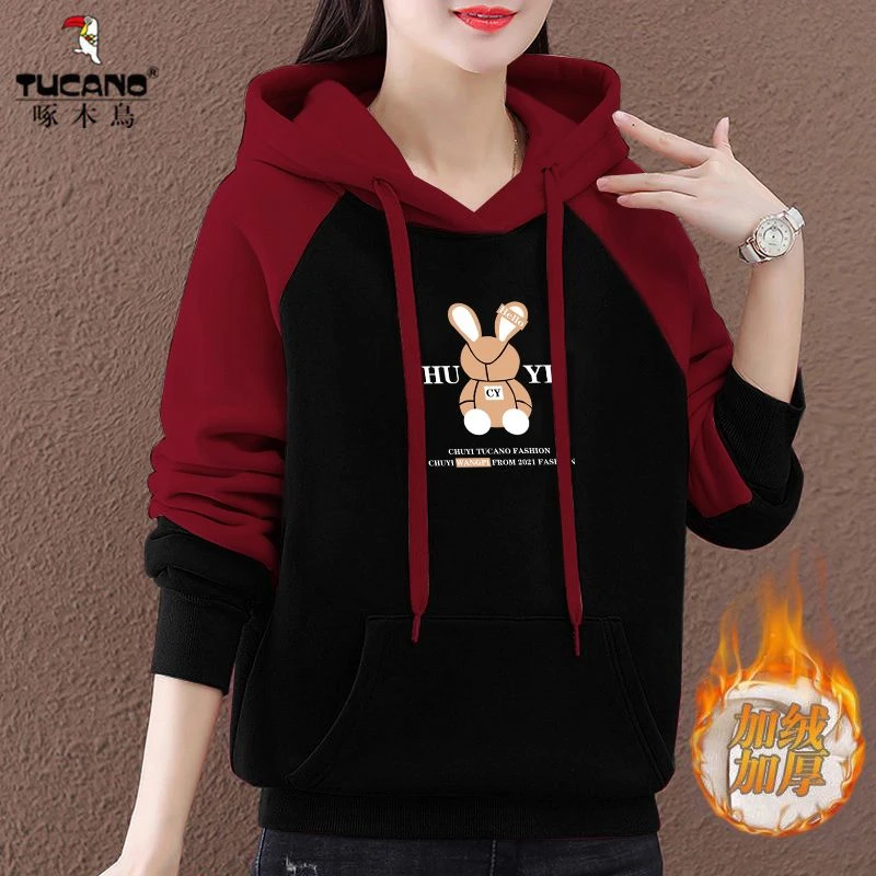 清仓捡漏啄木鸟品牌大码秋冬带帽卫衣女印花百搭加绒休闲宽松上衣