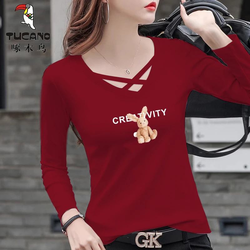 啄木鸟官方春秋季2024年新款长袖上衣镂空V领修身薄款显瘦体恤潮