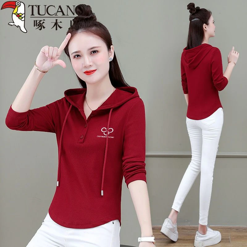 啄木鸟正品2024年薄款春秋长袖T恤修身女百搭连帽时尚套头打底衫