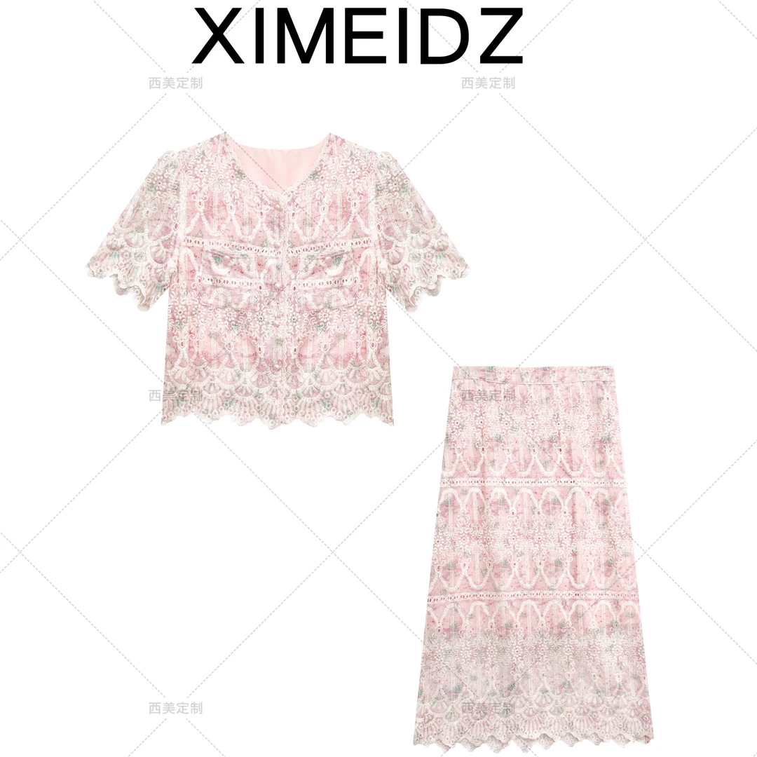律动莫兰迪蕾丝气质碎花女士夏季镂空短袖时尚设计师休闲套装9013
