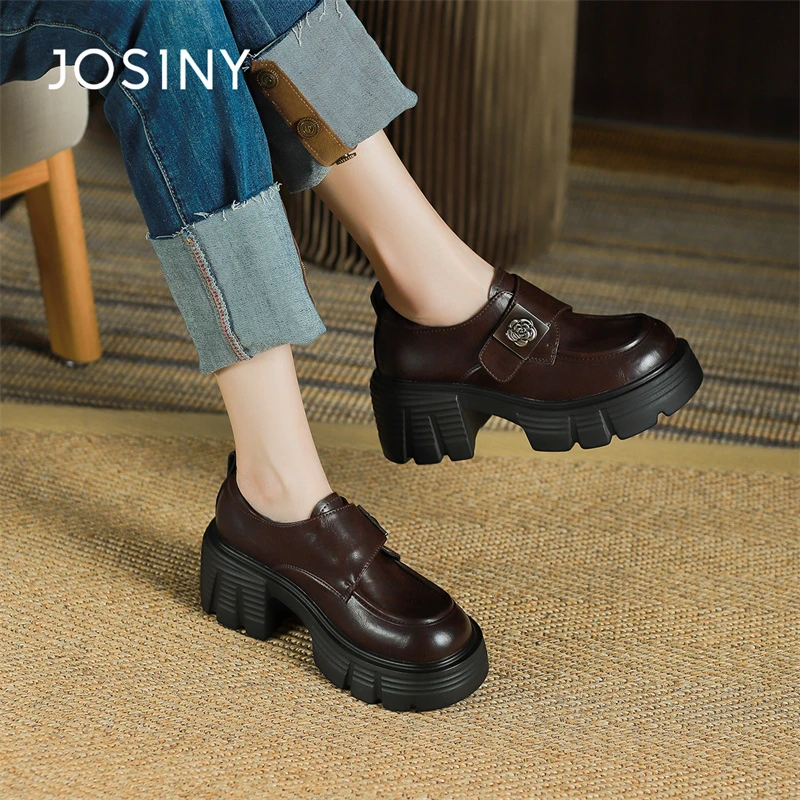 卓诗尼2025新款春季新款英伦风坡跟乐福鞋女真皮圆头时尚休闲单鞋