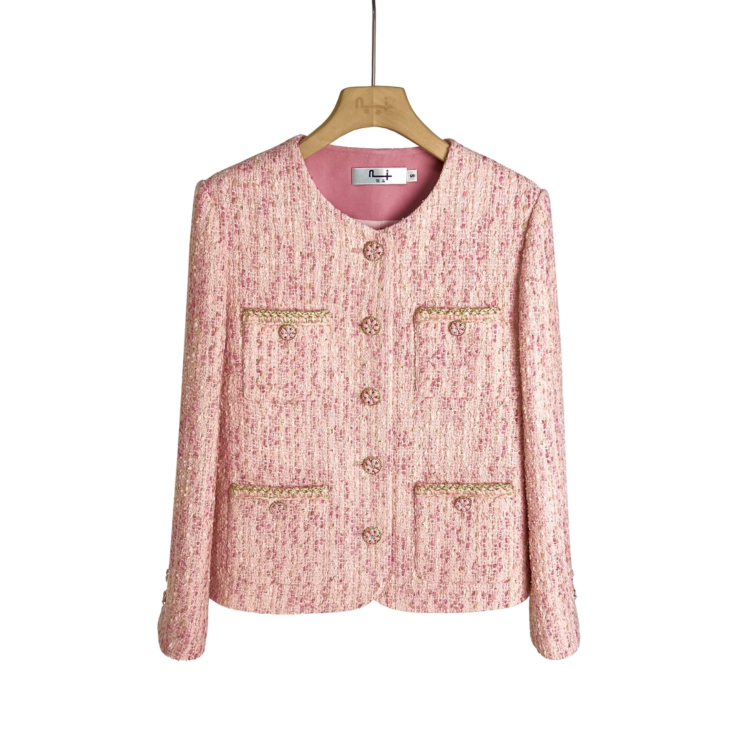 【胭脂粉】春秋女外套法式粉色长袖时尚粗花呢轻奢气质小香风上衣