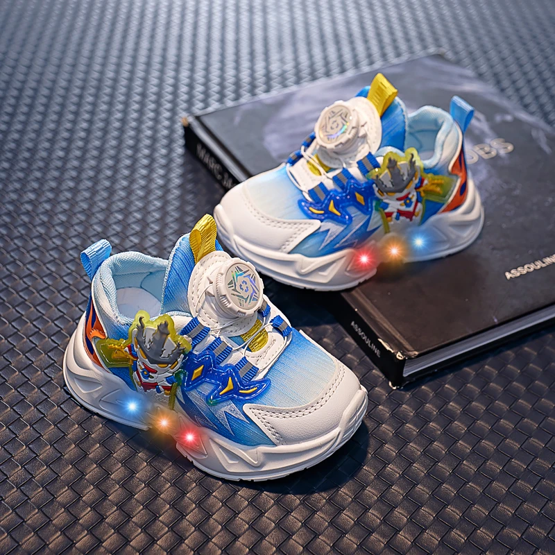 春秋新款旋钮奥特曼亮灯男童网面透气跑步鞋软底时尚百搭运动鞋