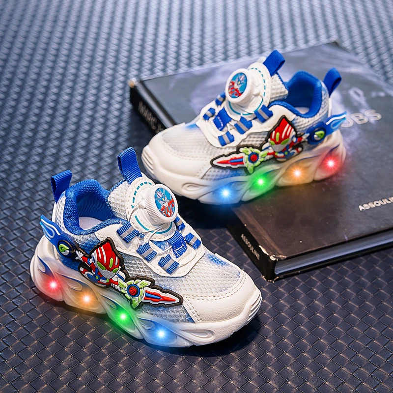 奥特曼春秋新款亮灯旋钮男童跑步鞋轻便网面透气百搭中小童运动鞋
