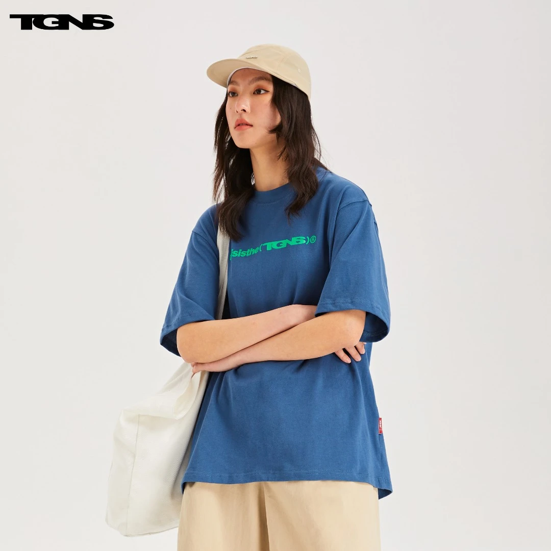 TGNS潮牌logo标语印花t恤女2024新款宽松基础百搭情侣黑色夏季ins