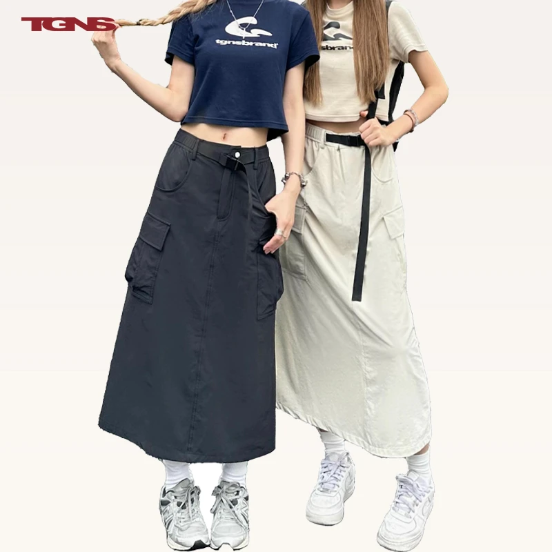 TGNS国潮户外工装长裙女夏季新品时尚宽松休闲口袋设计工装裙子