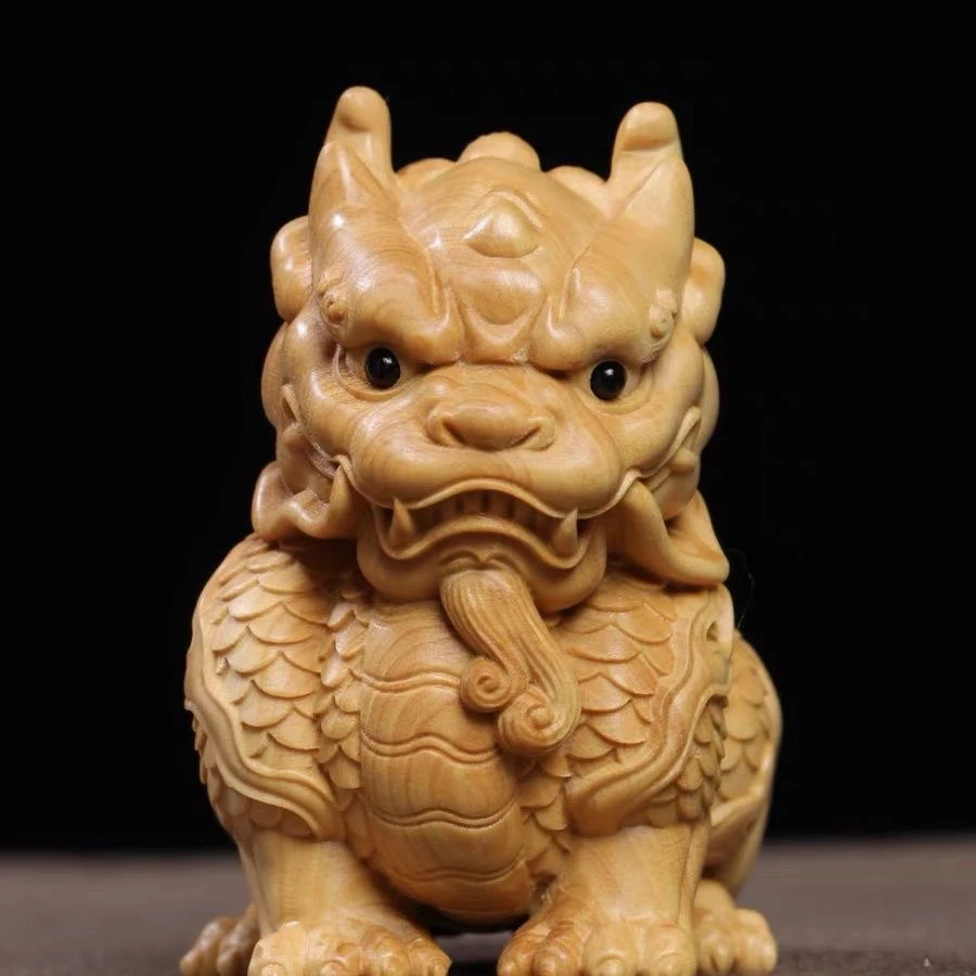 太行崖柏木精雕背书麒麟瑞兽手把件摆件茶宠家居装饰品工艺品