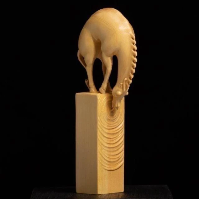 太行崖柏木实木印章马饮江湖文玩手把件随身招财动物生肖木雕摆件