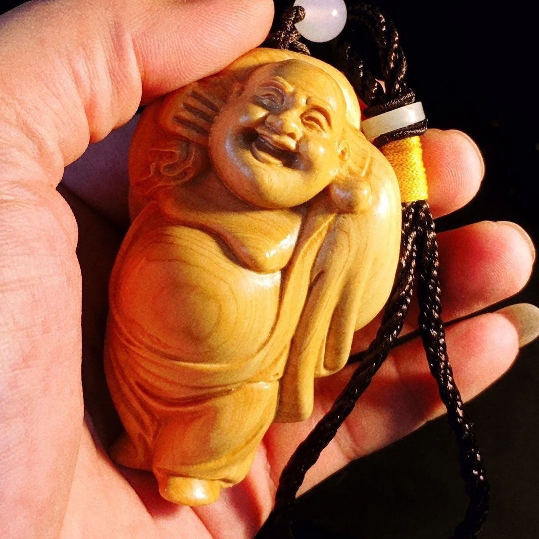崖柏木雕手把玩物件弥勒佛精雕刻工艺品精品随身盘玩吊坠挂件