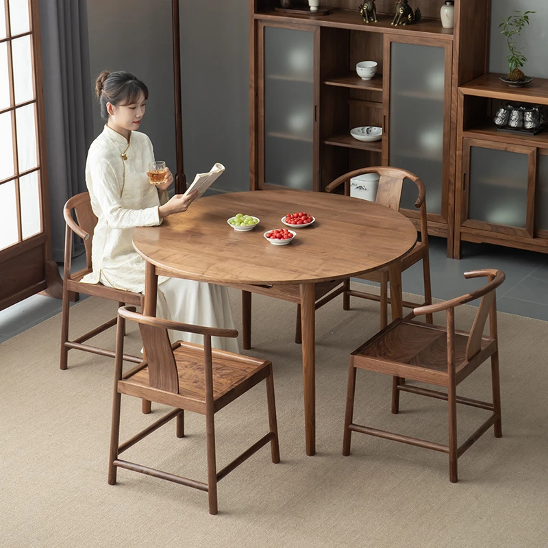 木笙记新中式实木餐桌黑胡桃木圆桌家用吃饭桌子小户型餐桌椅组合